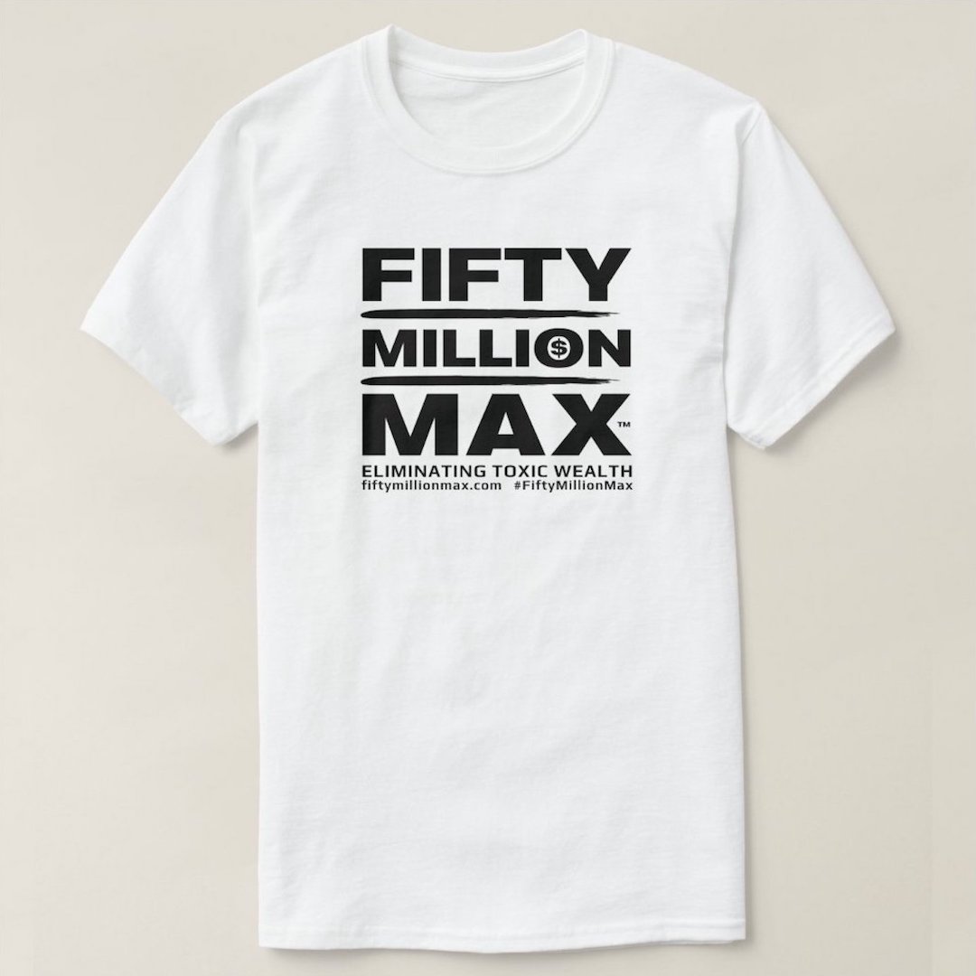 Fifty Million Max™ Strapline and URL Black Square Logo T-Shirt.