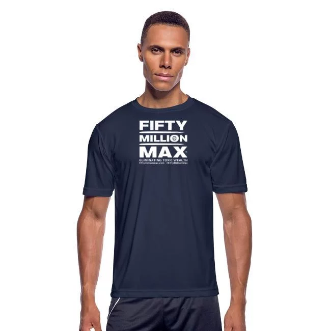 Fifty Million Max™ Square White Logo & URL Men's Moisture Wicking Performance T-Shirt USA Store